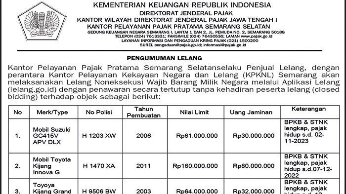 Pengumuman-Lelang-Kantor-Pelayanan-Pajak-Pratama-Semarang-Selatan Surat izin lelang mengatasnamakan direktorat jenderal pajak