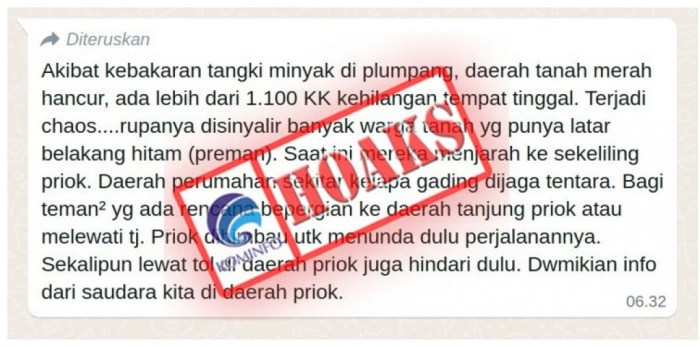 Pesan berantai adanya kerusuhan dan penjarahan pascakebakaran depo pertamina plumpang