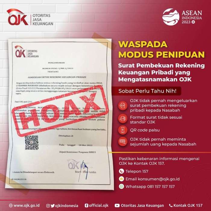 Surat pembekuan rekening keuangan pribadi mengatasnamakan ojk